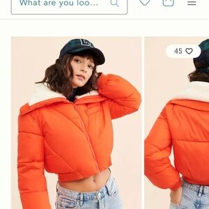 Anthropologie Maeve Bright Orange Sherpa Collar Cropped Puffer Jacket